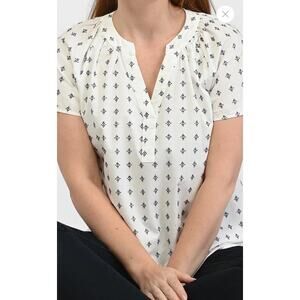 Christopher & Banks Large White Navy Dobby Cap Sleeve Split Neck Top